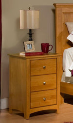 [19 Inch] Alder Shaker 3 Drawer Nightstand - shown in Honey finish with Brushed Nickel knobs