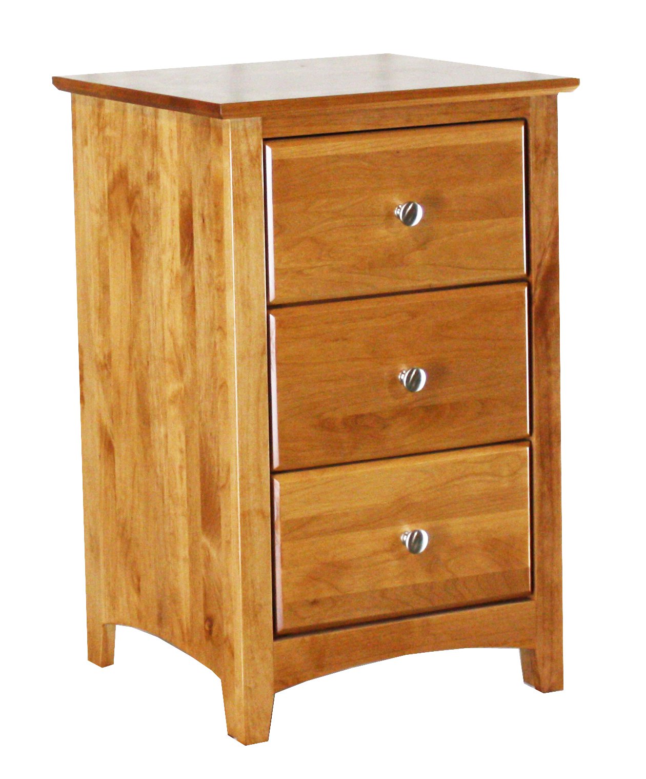 [19 Inch] Alder Shaker 3 Drawer Nightstand - shown in Honey finish with Brushed Nickel knobs
