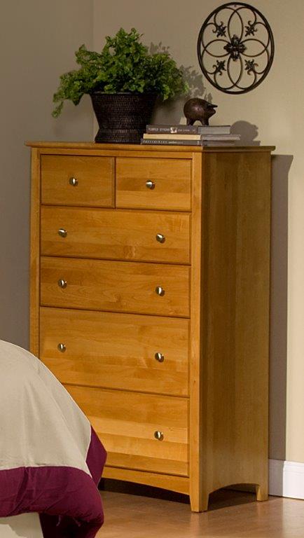 [33 Inch] Alder Shaker 6 Drawer BC Chest - shown in Honey finish with Brushed Nickel knobs